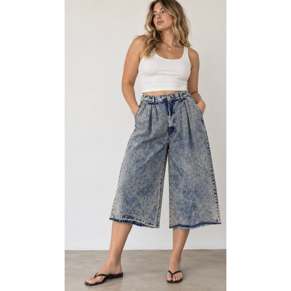 Vintage Culloute Jeans Women 16 Blue Acid Wash Pleated Denim Wide Leg Retro 80s